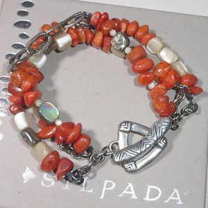 Silpada B1314 Red Coral Abalone Multi Strand Bracelet .925 Sterling Silver